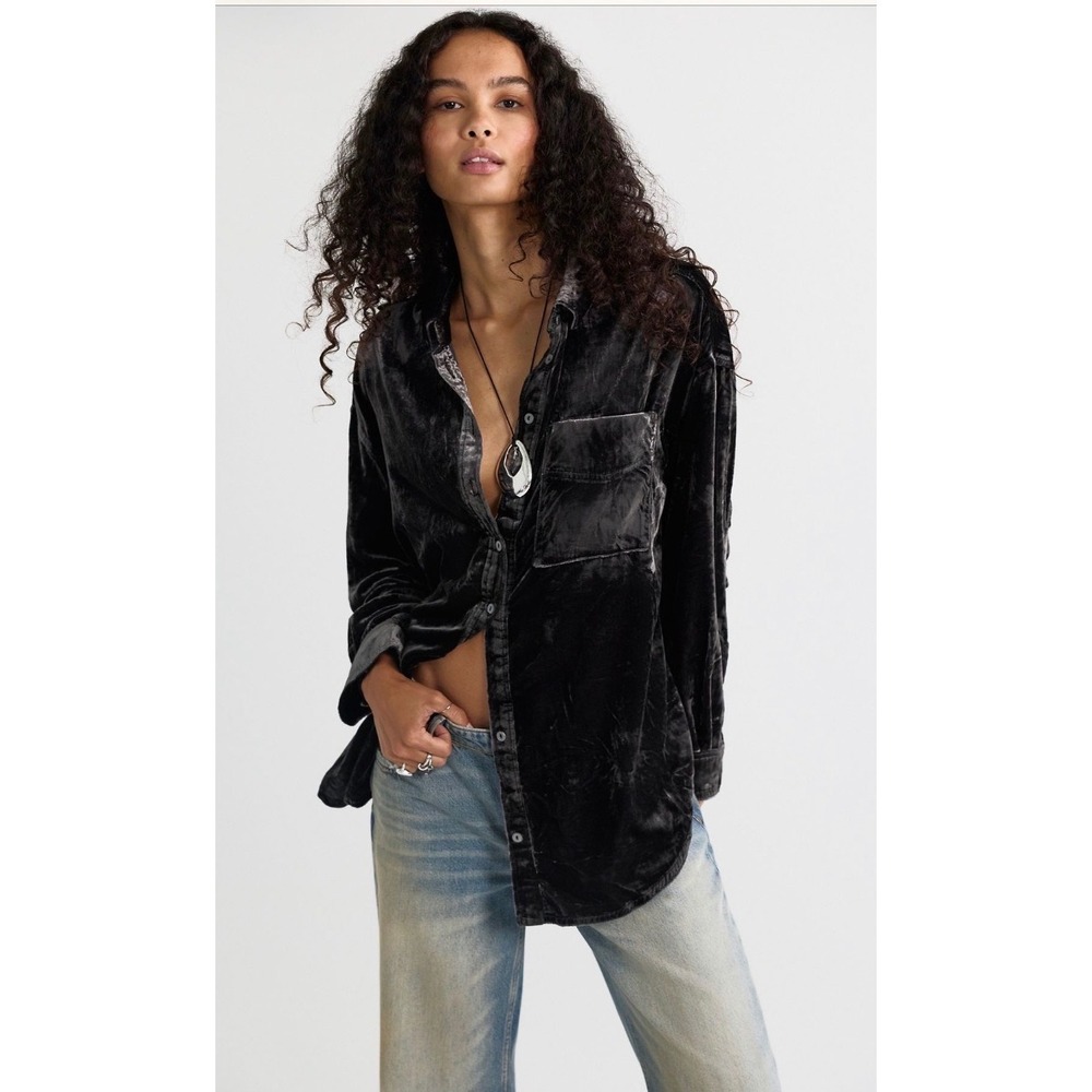 We The Free Velvet Button Down Shirt alexi velvet Charcoal Grey Oversized Top